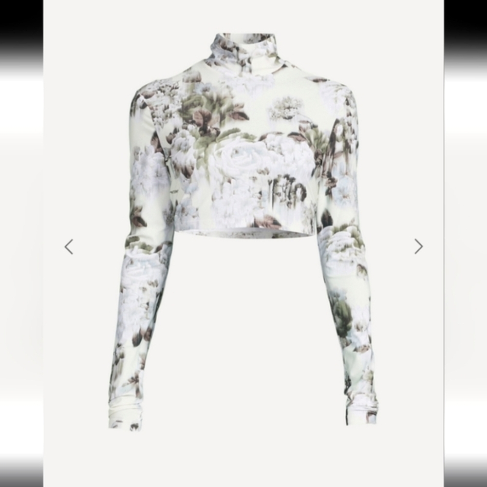 Off-White Floral Mock Neck Long Sleeve Crop Top